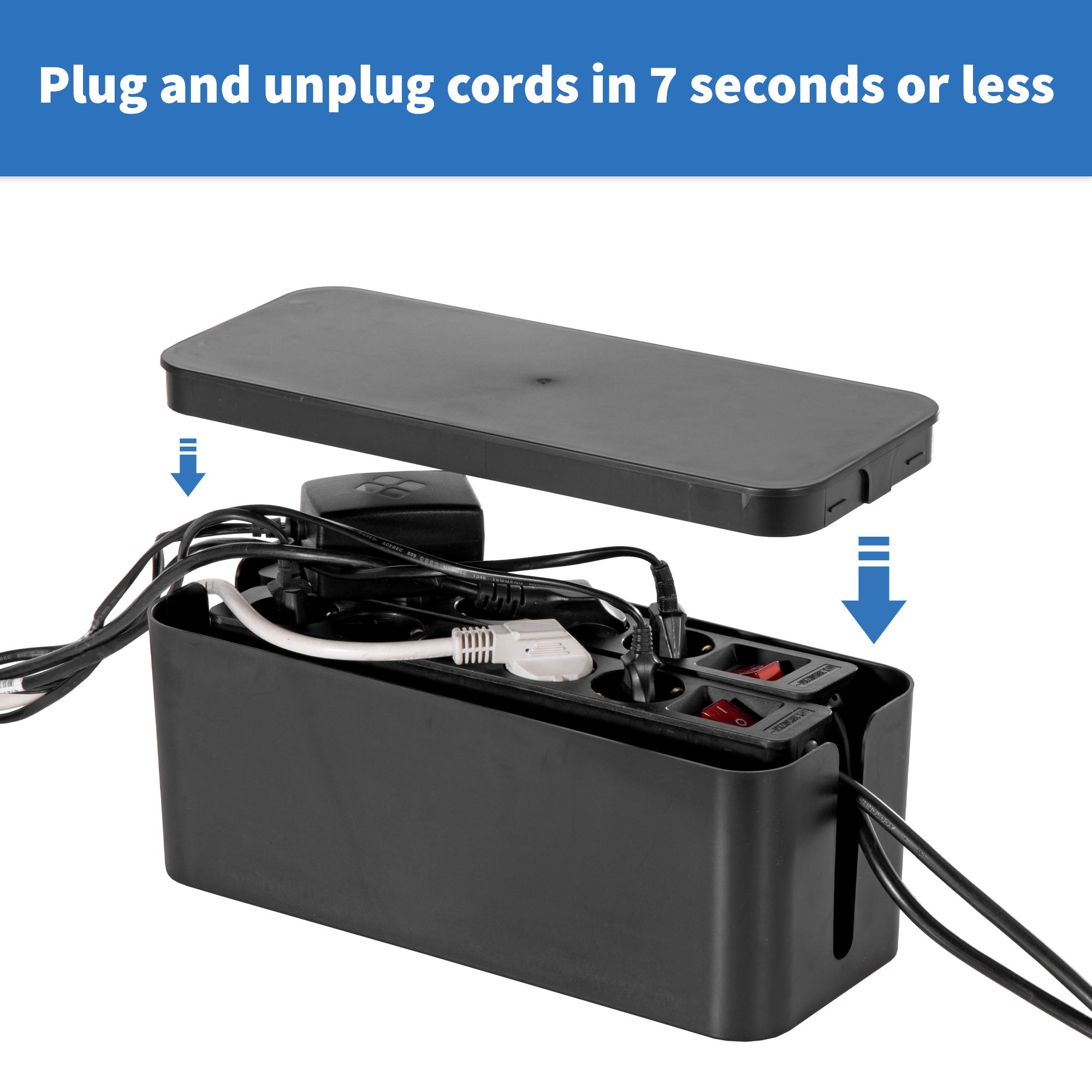 Blue Key World Cable Management Box - Hide Cords Home Organizer Tool, Power Strip Cover, Baby Proof & Pets Electric Concealer - Wire Cord Outlet Surge Protector