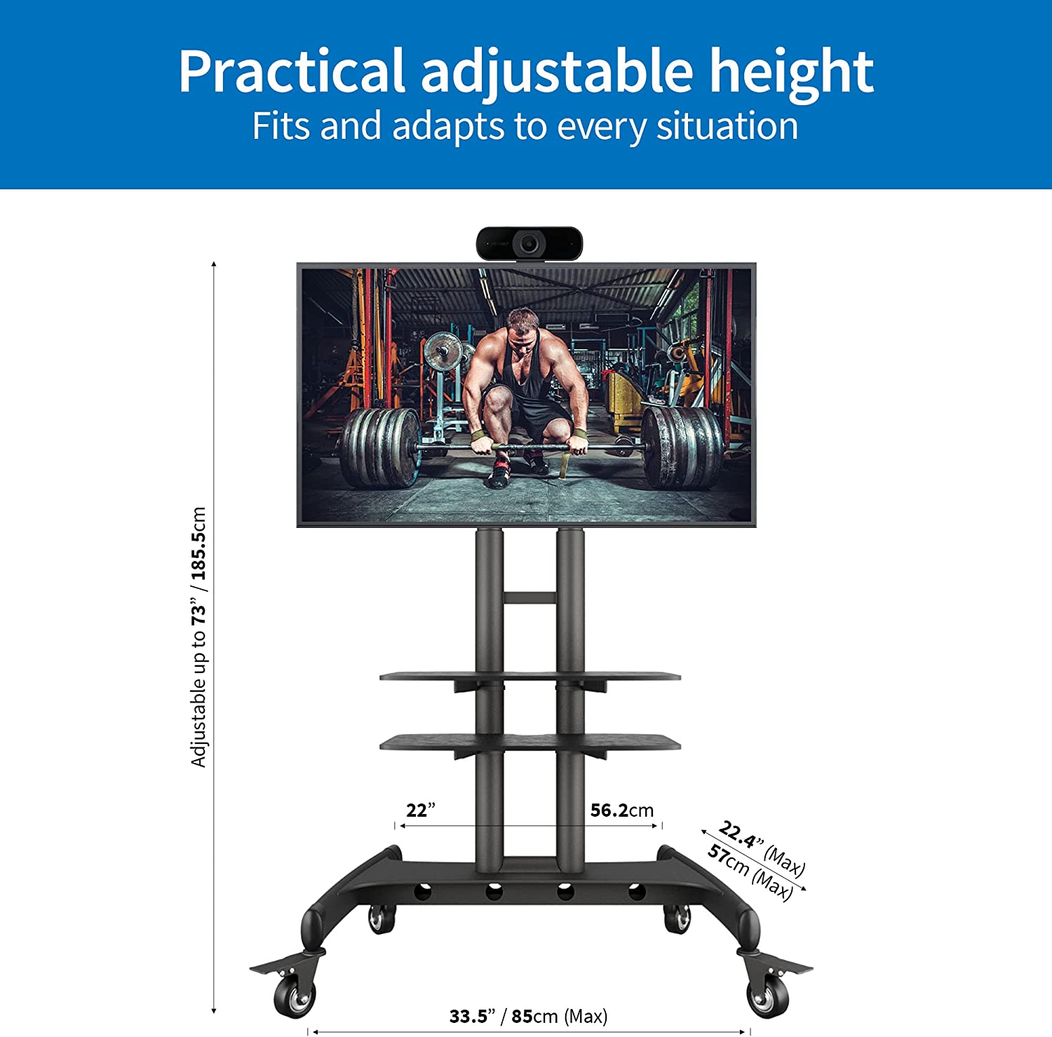 Blue Key World Mobile TV Stand with Large Wheels for 32 to 70 Inch Flat Screens - Rolling TV Stand, Adjustable Height - Indoor/Outdoor TV Stand, Portable Standing Mount - TV Cart Monitor Floor Stand