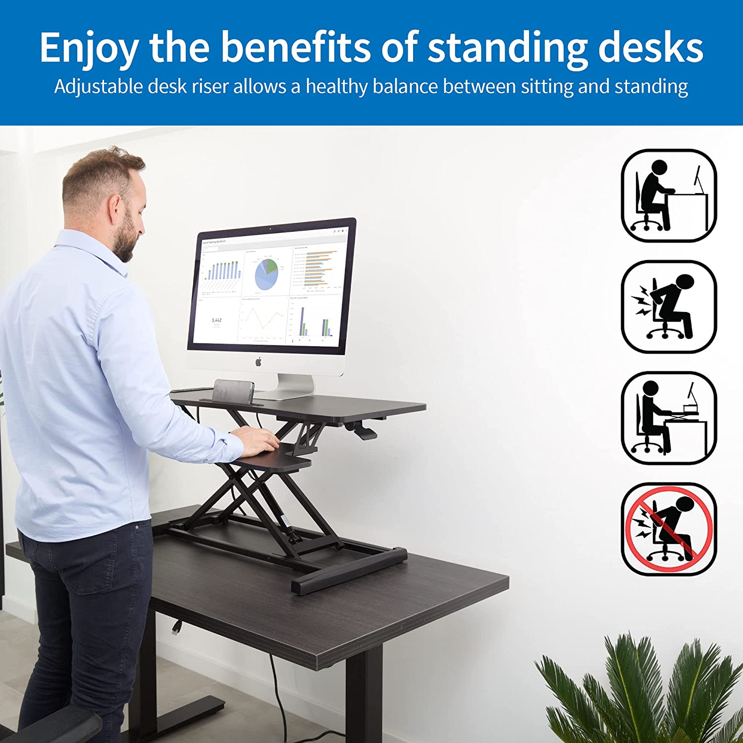 Blue Key World Standing Desk Converter, Home/Office Adjustable Standing Desk Converter, Desktop Computer Sit to Stand Desk, Work Station Desk Riser for Standing or Sitting, Stand Up Desk Riser, Black